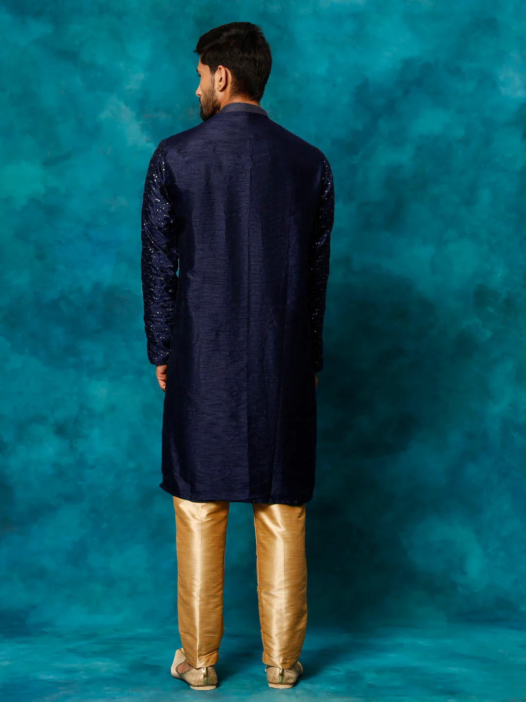 Men's Blue Silk Blend Kurta Pyjama Set - Image 3