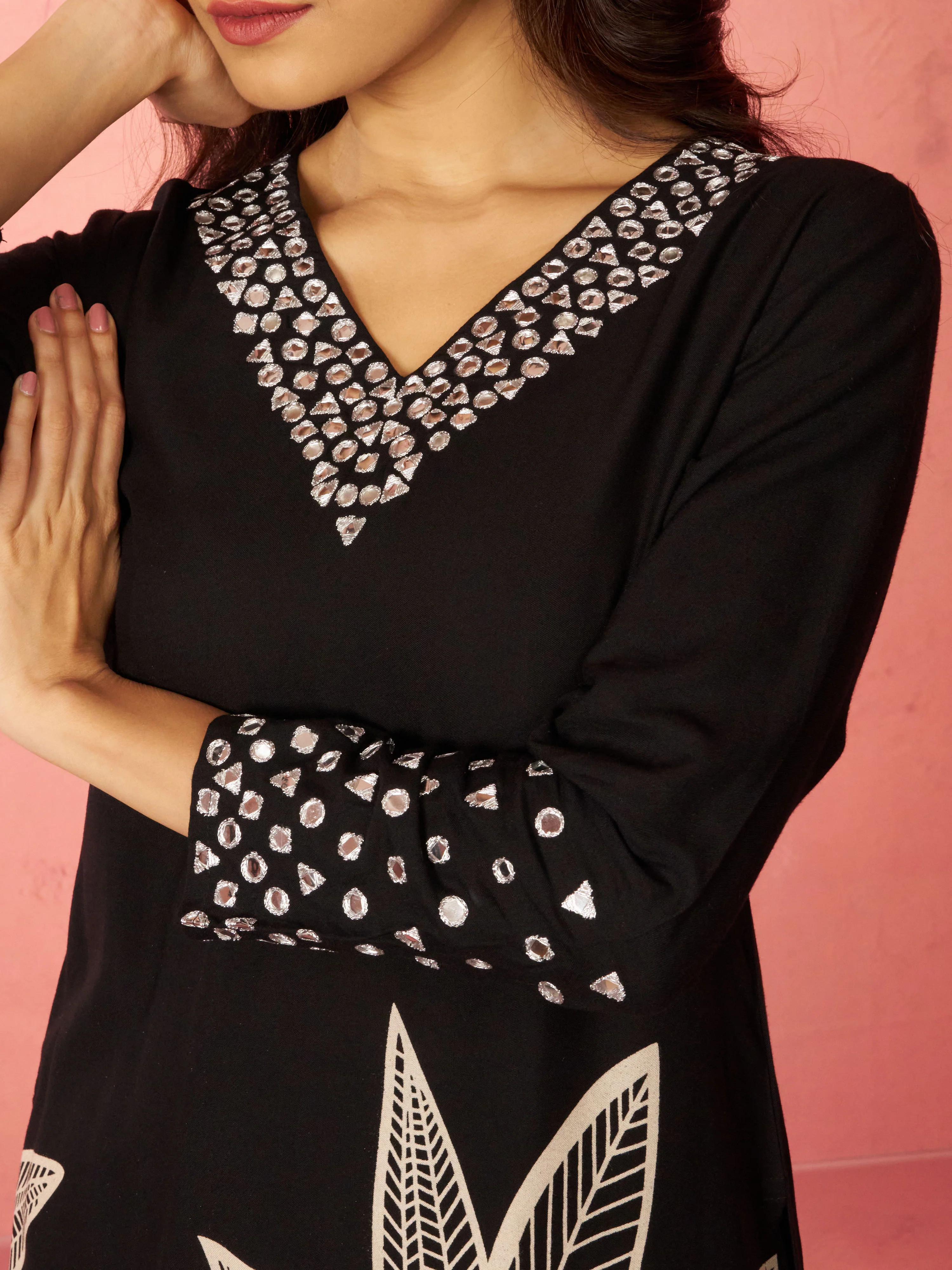 Women's Black Rayon Mirror Work Kurta Set with Flare Pants - Image 2