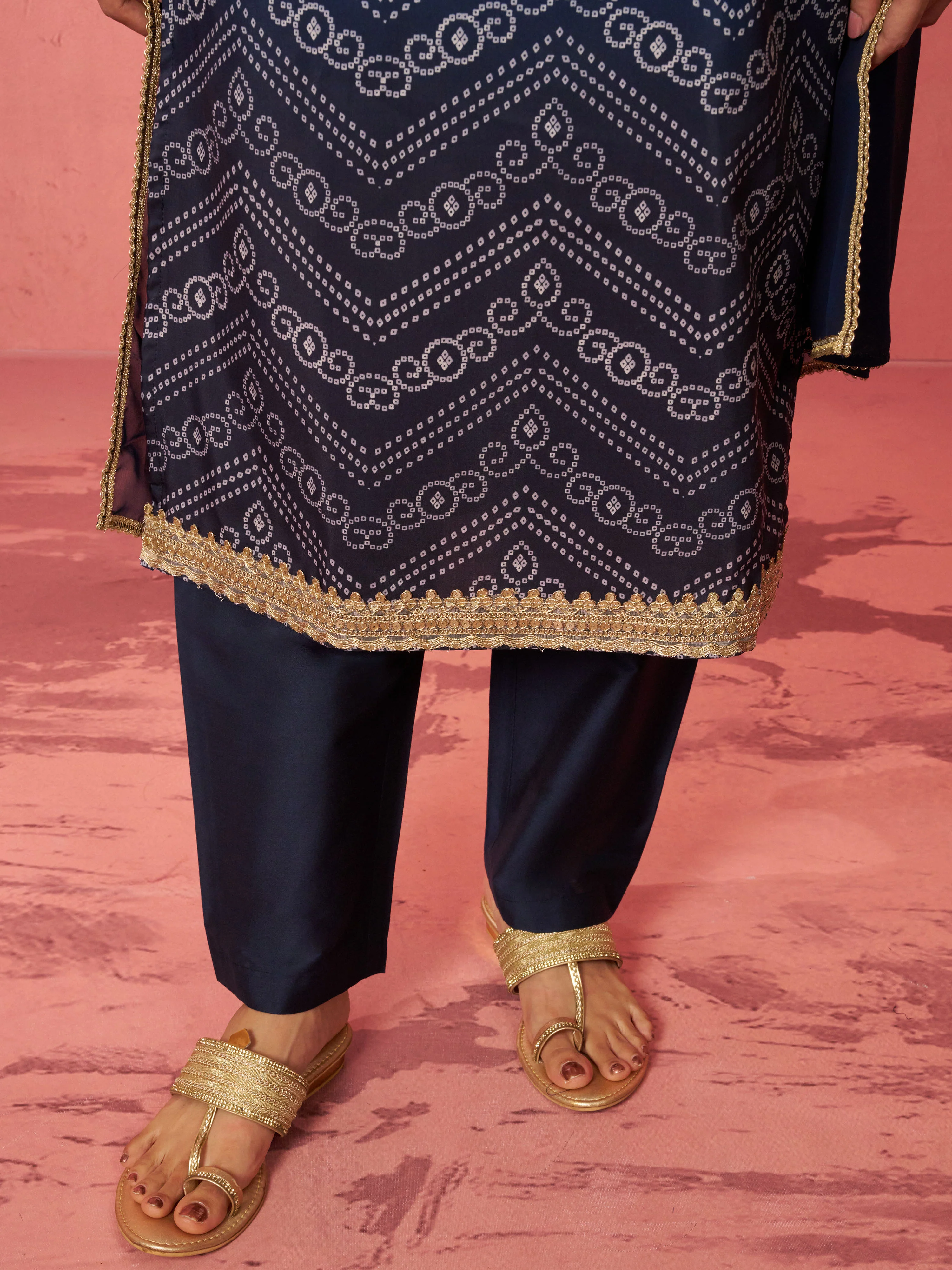 Women's Blue Muslin Bandhani Kurta Set with Straight Pants & Dupatta - Image 7