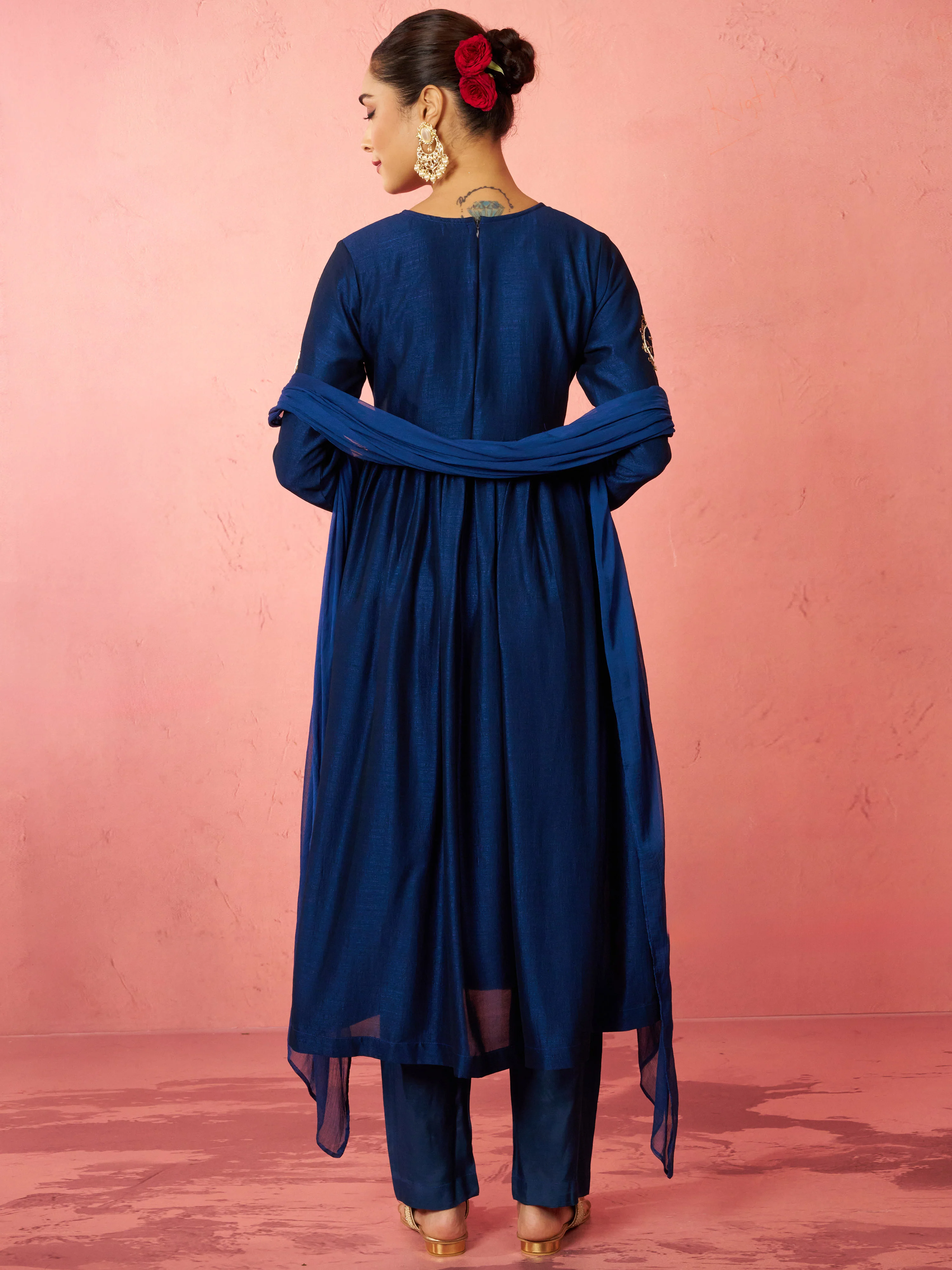 Women's Blue Silk Anarkali Kurta Set - Image 4