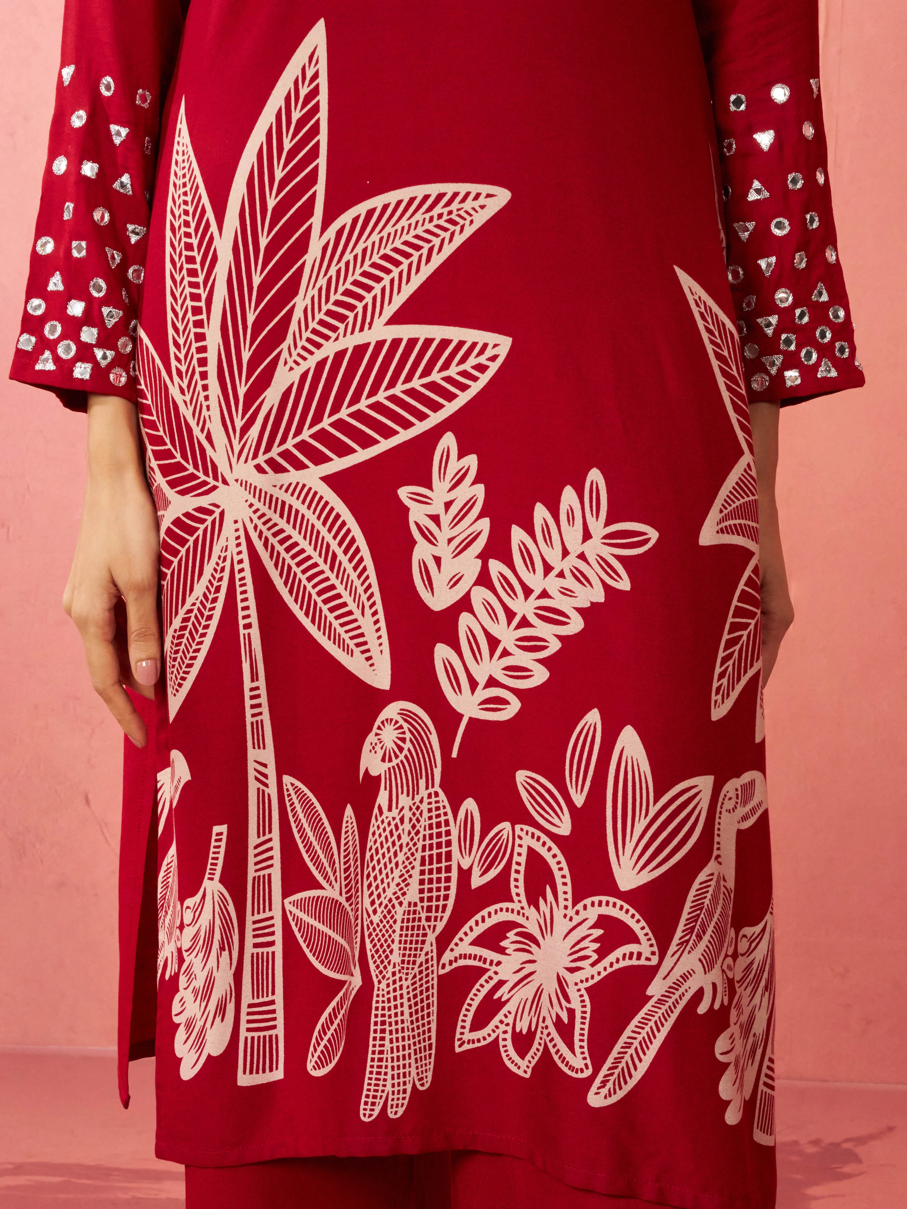 Women's Maroon Rayon Mirror Work Kurta Set with Flare Pants - Image 7