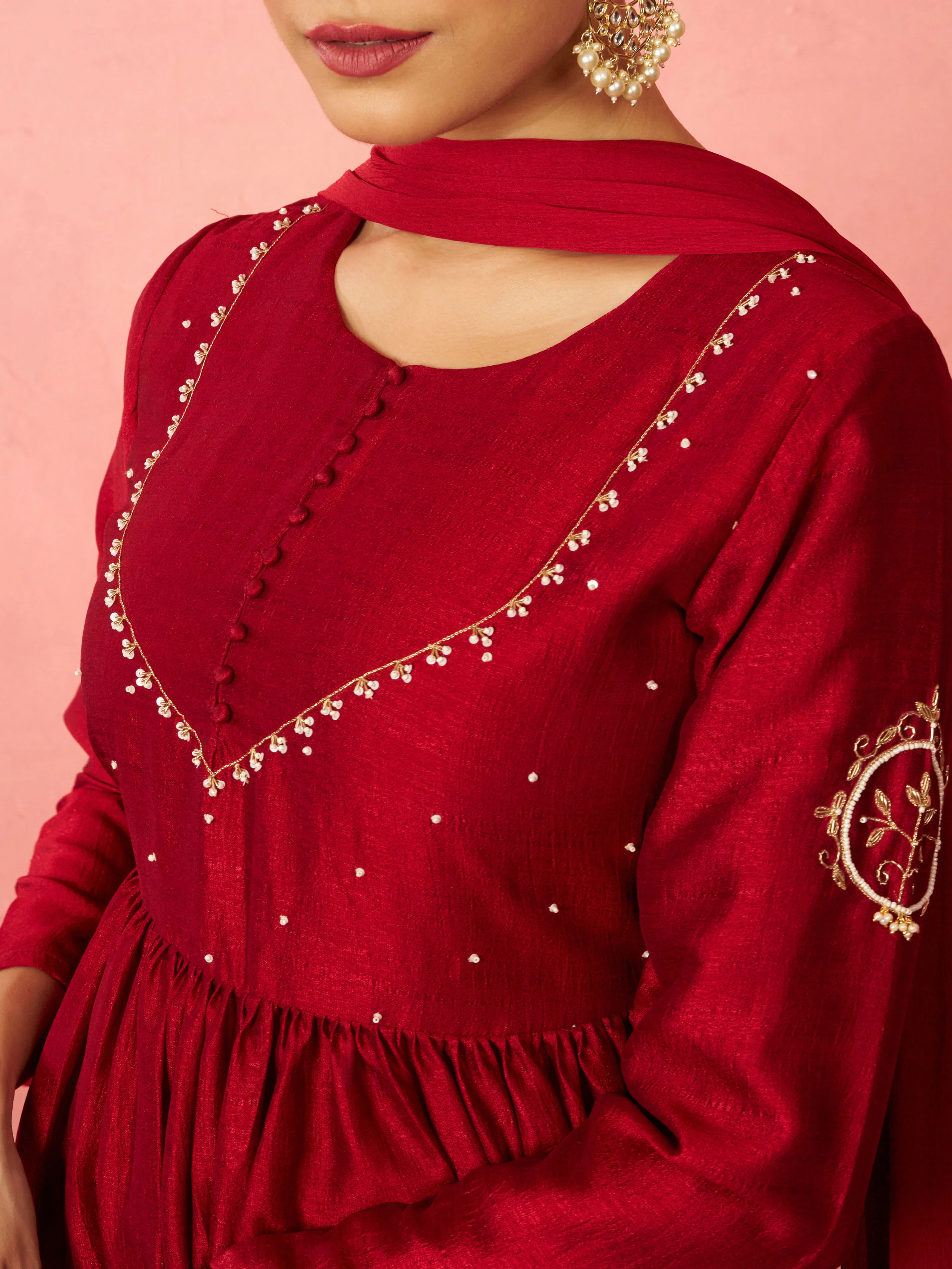 Women's Maroon Silk Anarkali Kurta Set - Image 2