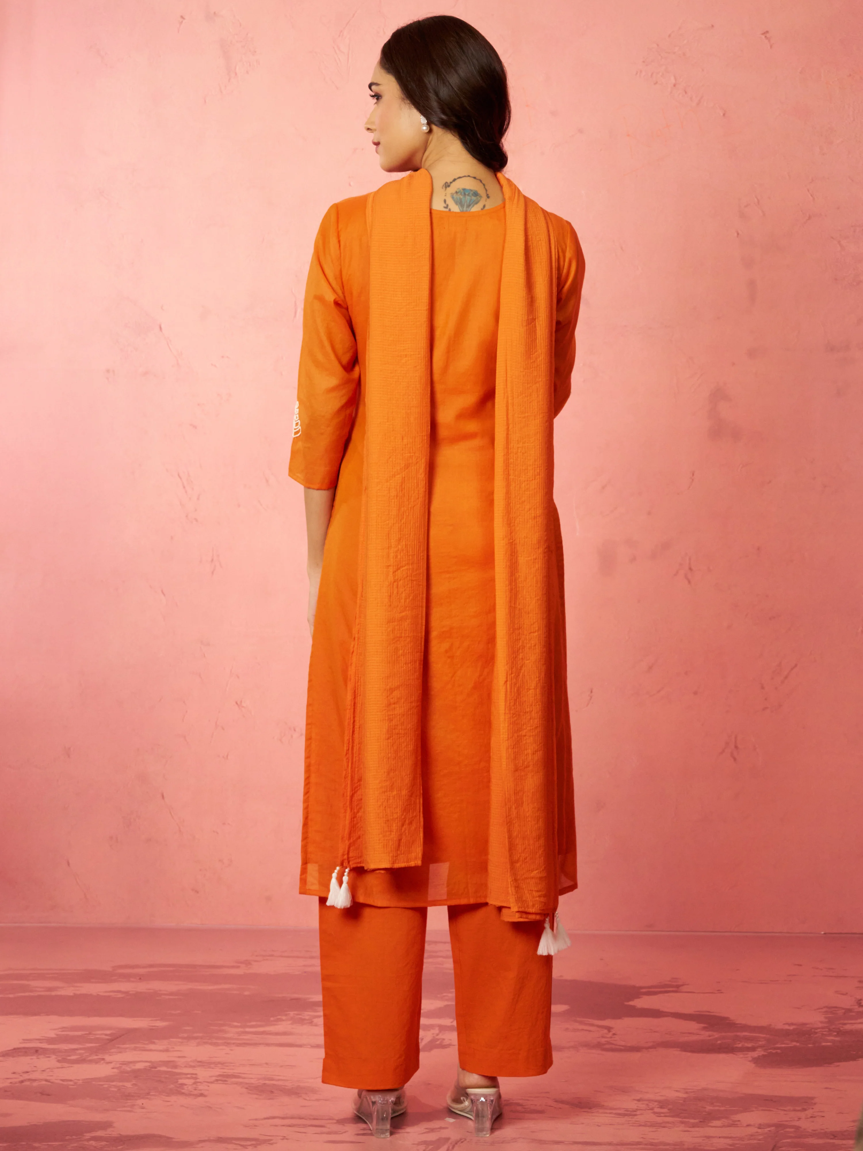 Women's Orange Chanderi Straight Kurta Set - Image 5