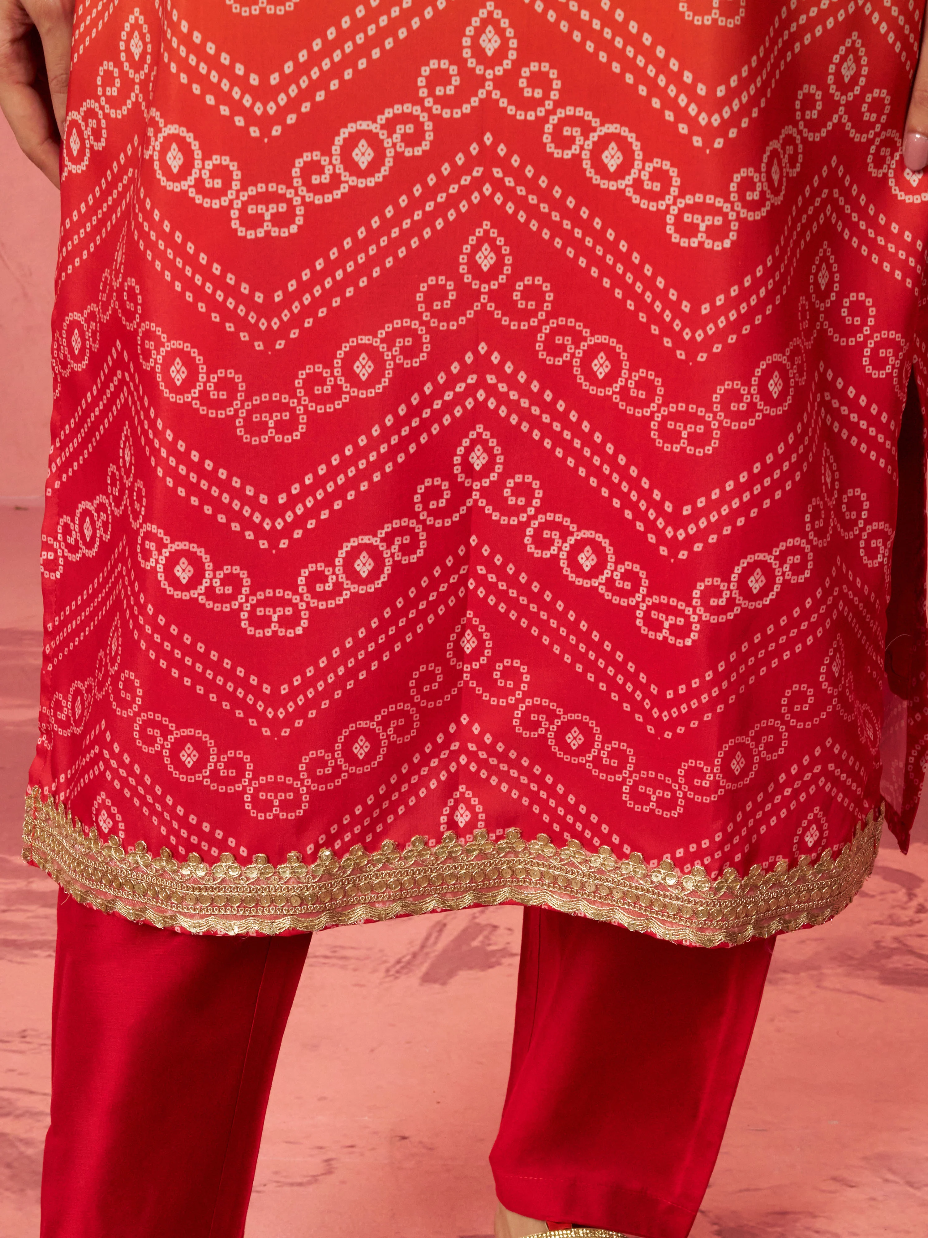 Women's Orange Muslin Bandhani Kurta Set with Straight Pants & Dupatta - Image 7