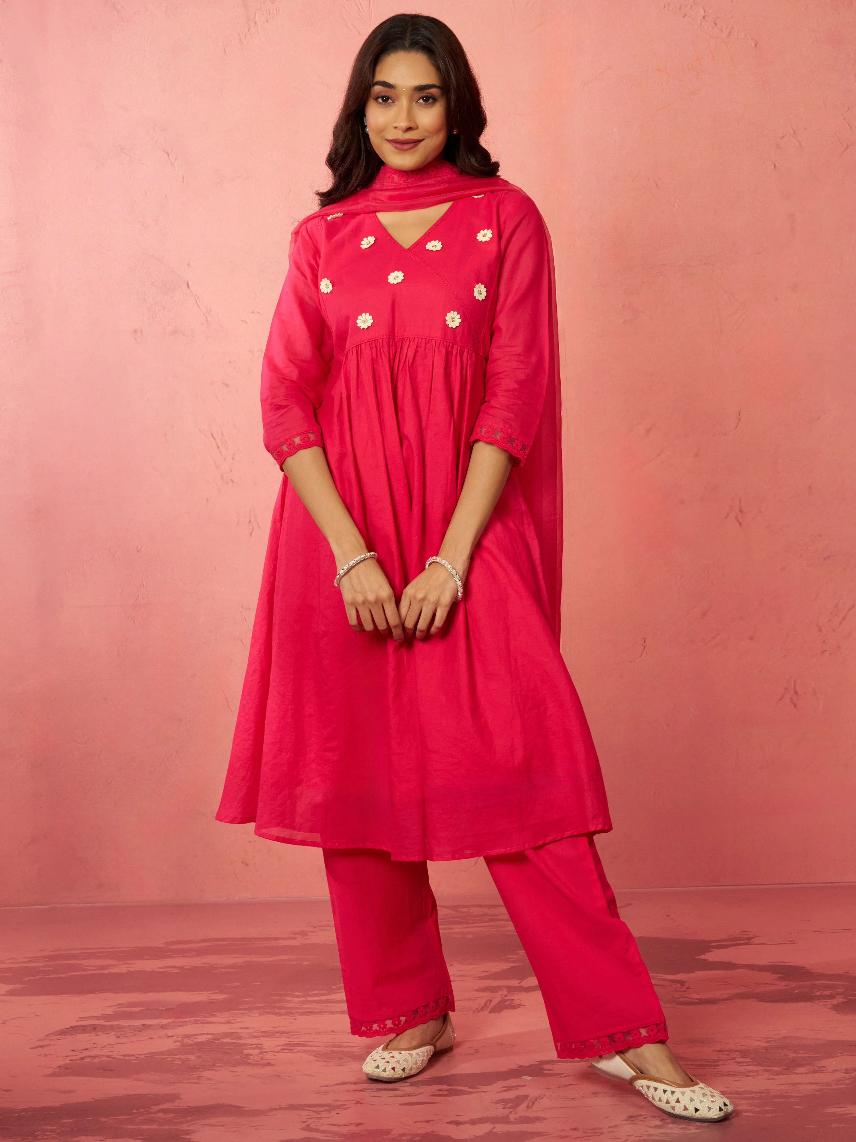 Women's Pink Chanderi Anarkali Kurta Set - Image 3