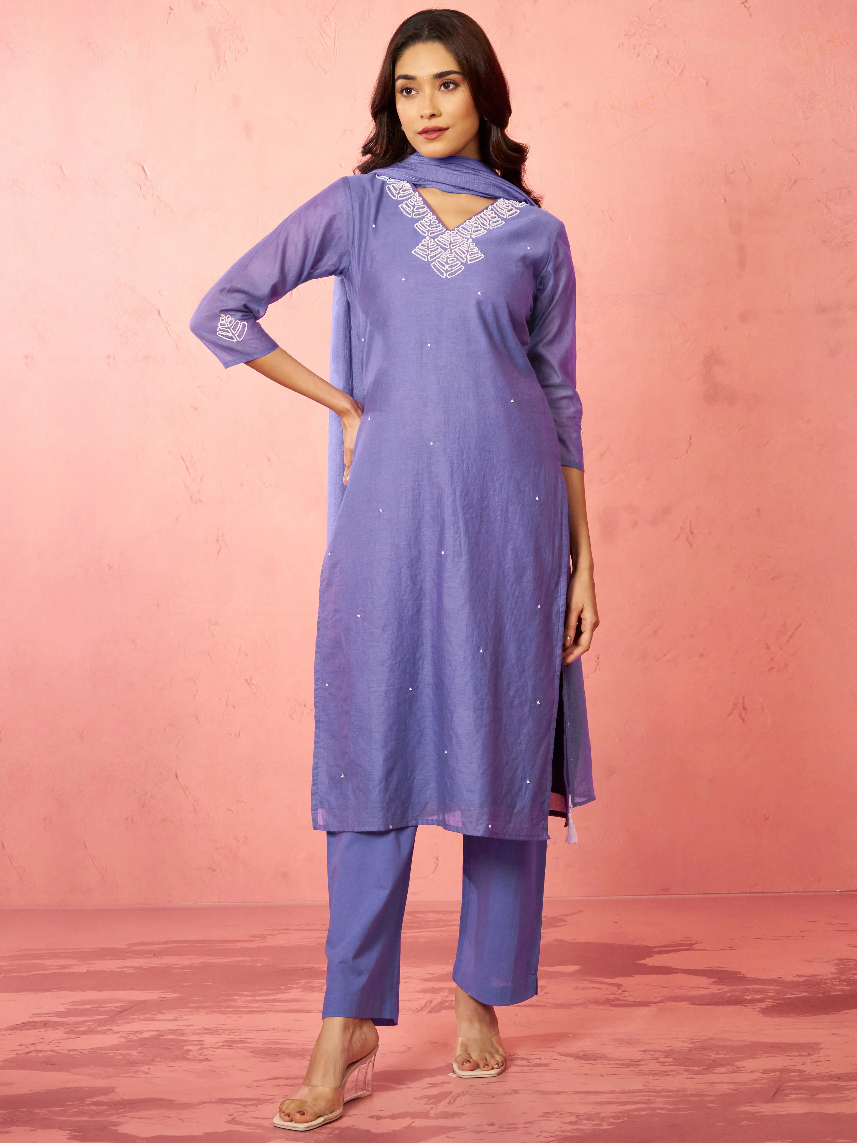 Women's Purple Chanderi Straight Kurta Set - Image 3
