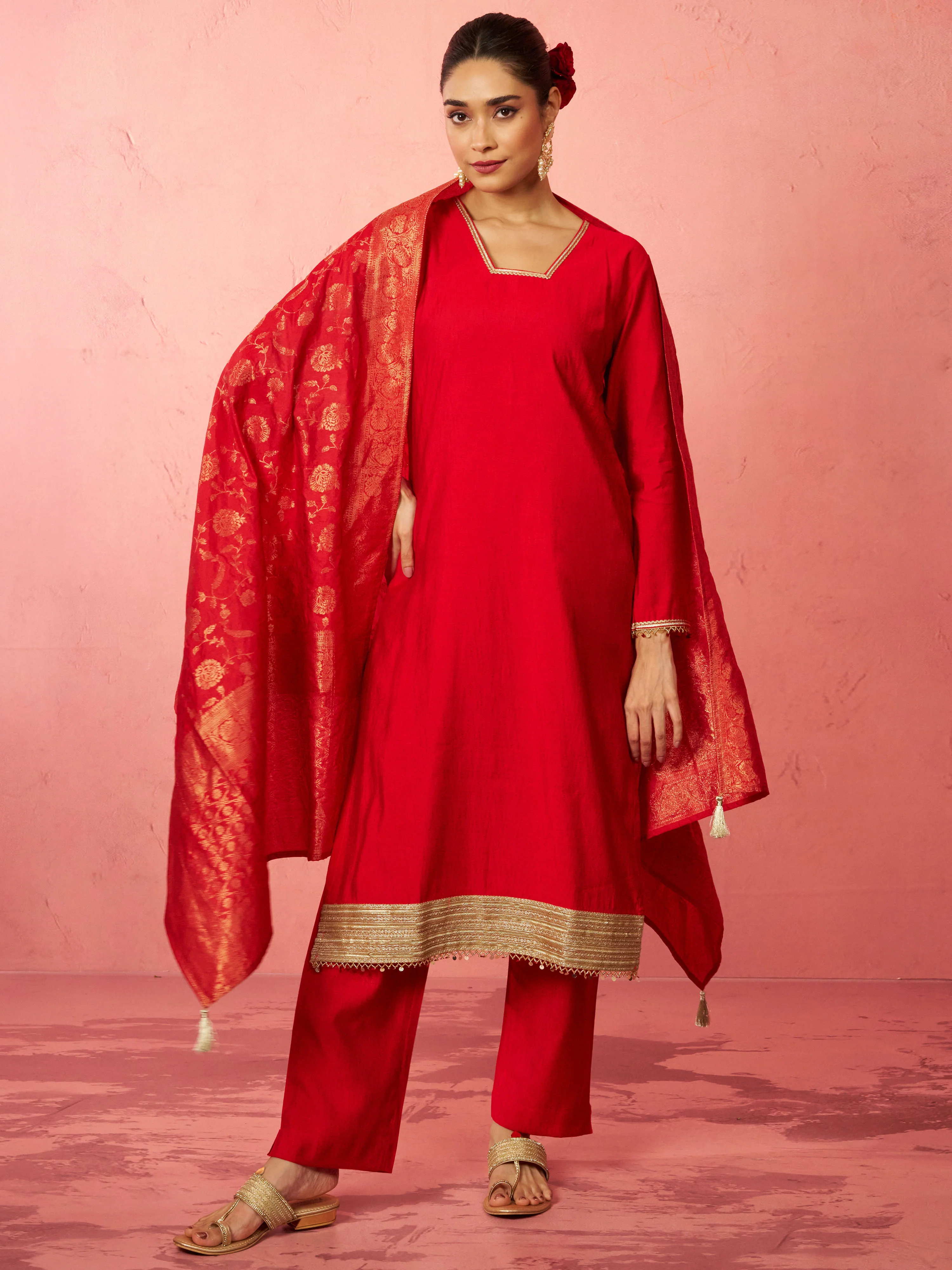 Women's Red Cotton Straight Kurta Set - Image 4