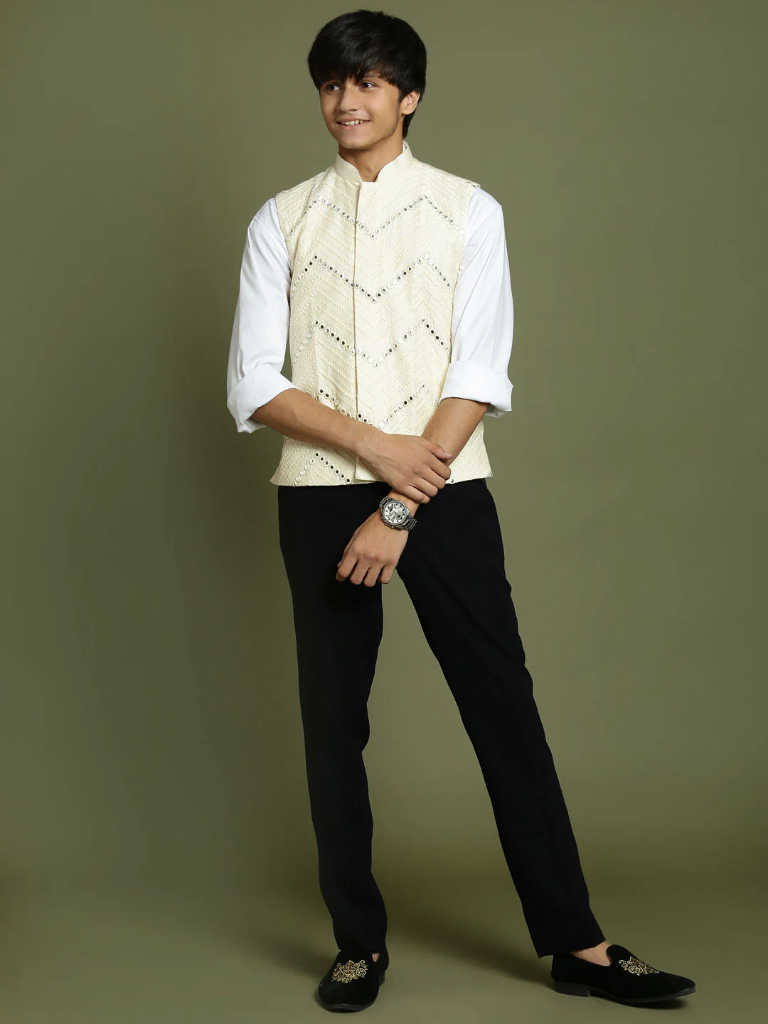Boy's' Cream Mirror Work Ethnic Jacket - Image 5