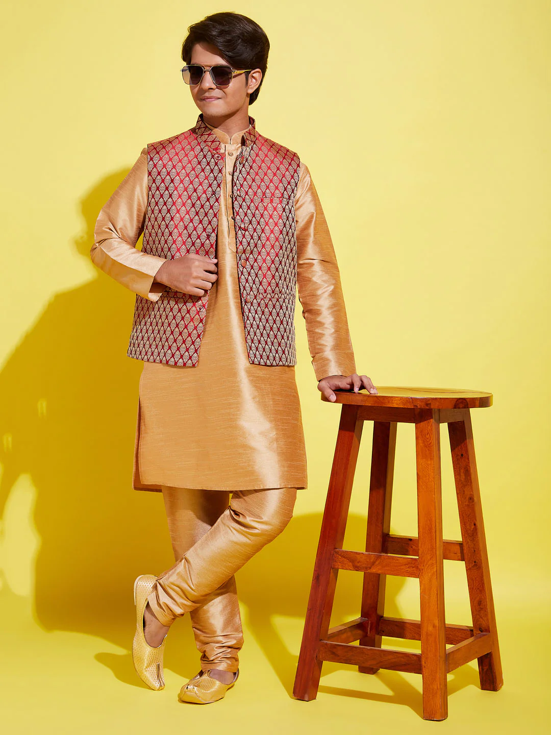 Boy's' Rose Gold Silk Blend Kurt Pyjama And Maroon Nehru Jacket Set