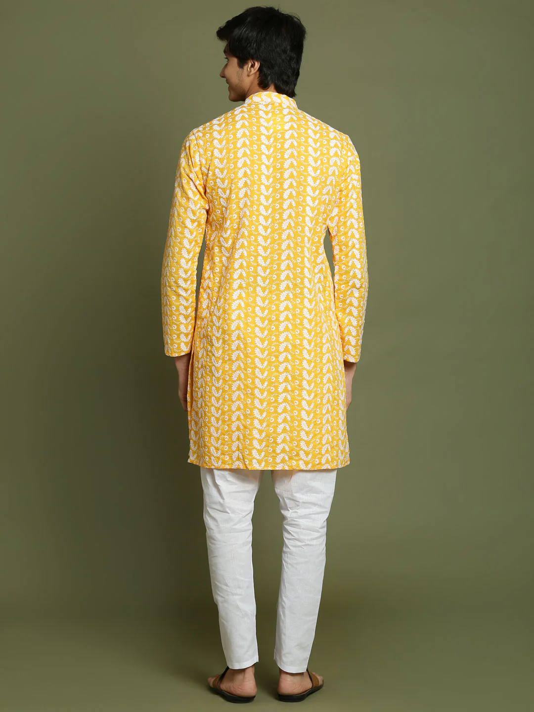Boy's' Orange Chaikankari Kurta With White Pyjama Set - Image 3
