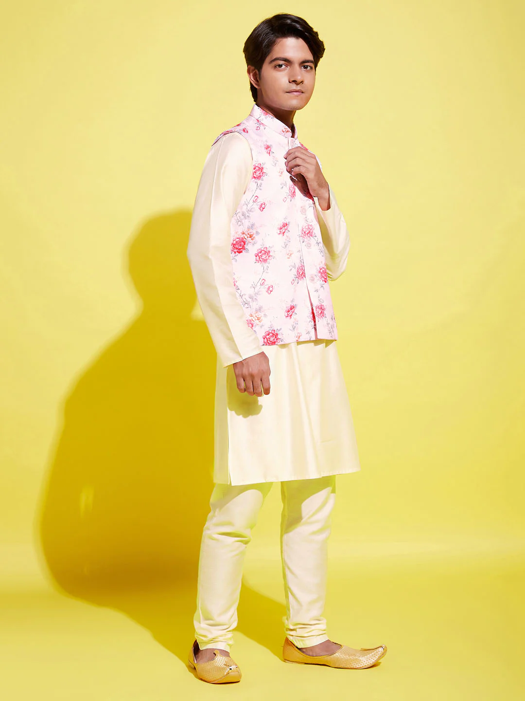 Boy's Peach Floral Printed Nehru Jacket With Cream Kurta And Pyjama Set - Image 7
