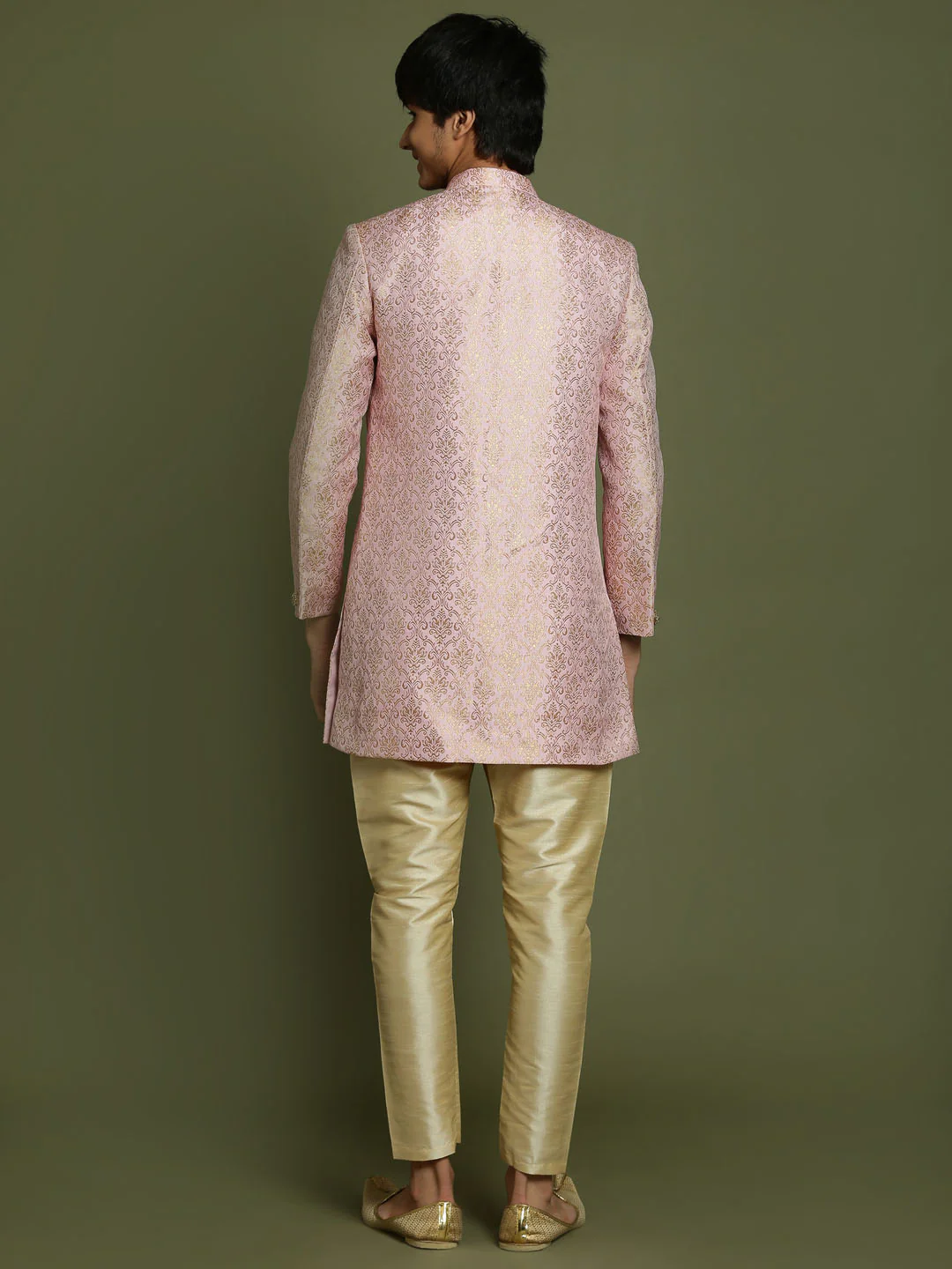 Boy's Pink & Gold-Colored Woven-Design Brocade Slim Fit Sherwani Set - Image 3