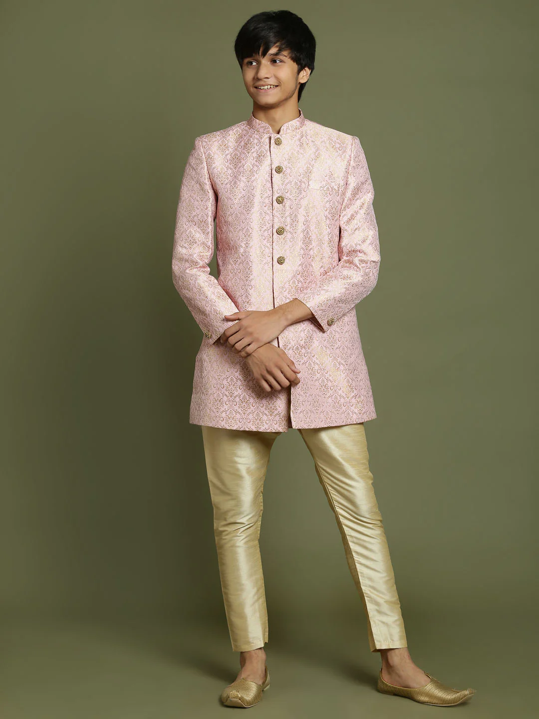 Boy's Pink & Gold-Colored Woven-Design Brocade Slim Fit Sherwani Set - Image 6