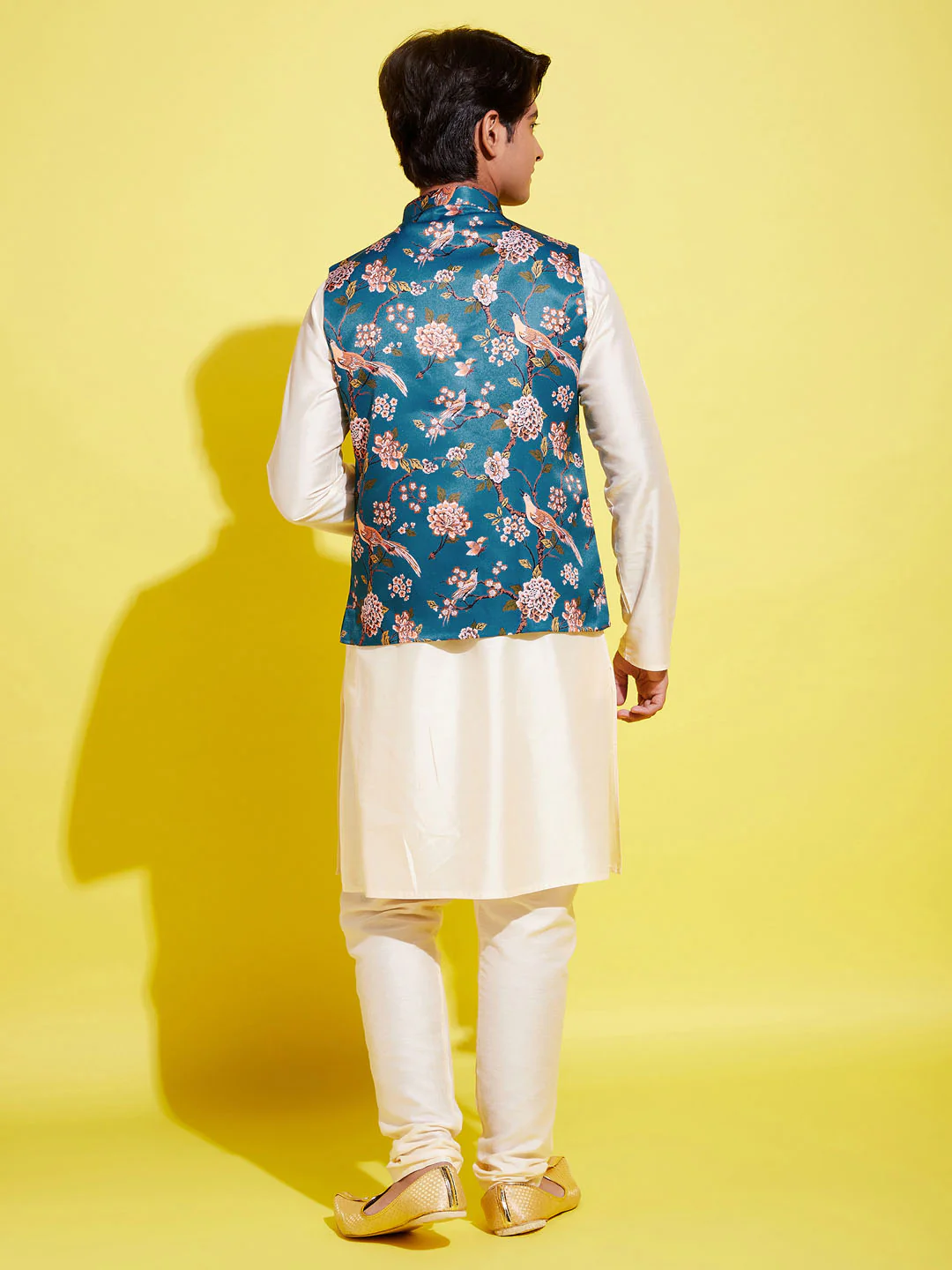 Boy's Turquoise Blue & Green Printed Nehru Jacket With Creamkurta And Pyjama Set - Image 4