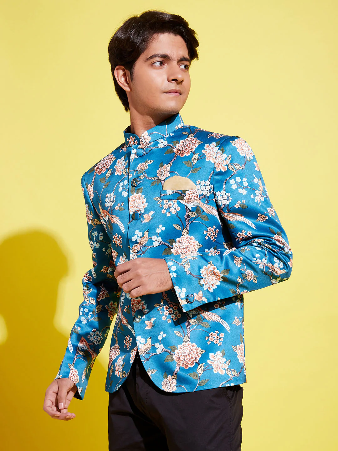 Boy's Turquoise Blue Printed Bandhgala Blazer - Image 3