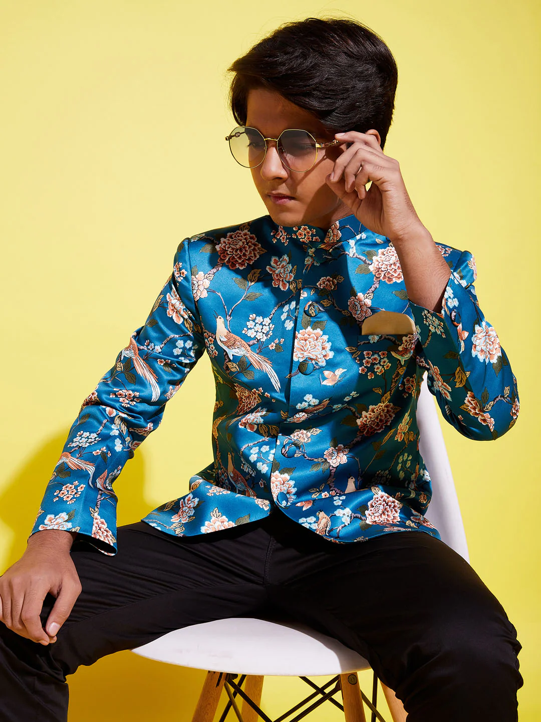 Boy's Turquoise Blue Printed Bandhgala Blazer - Image 7