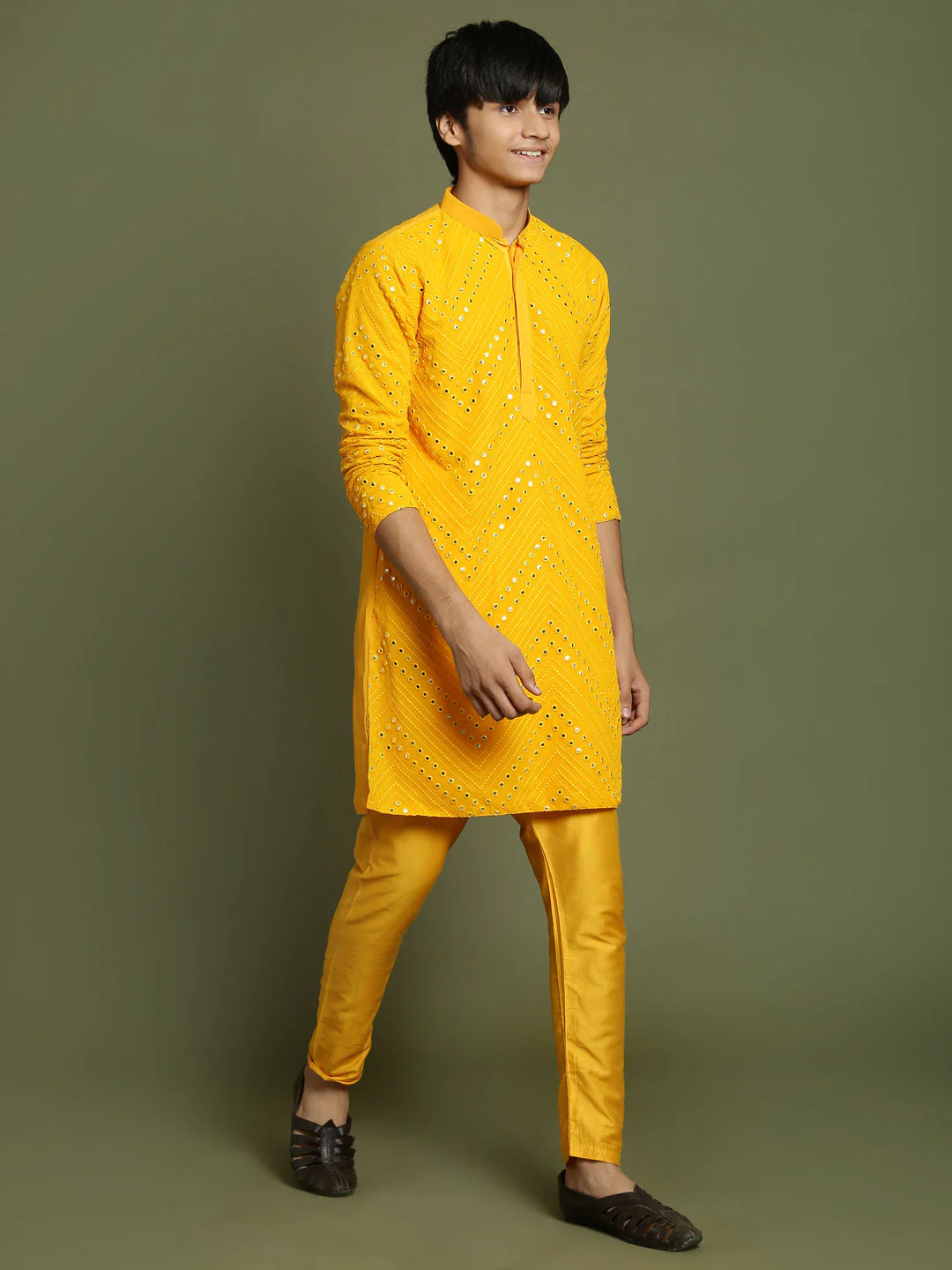 Boy's Yellow Mirror Work Georgette Kurta And Pyjama Set - Image 2