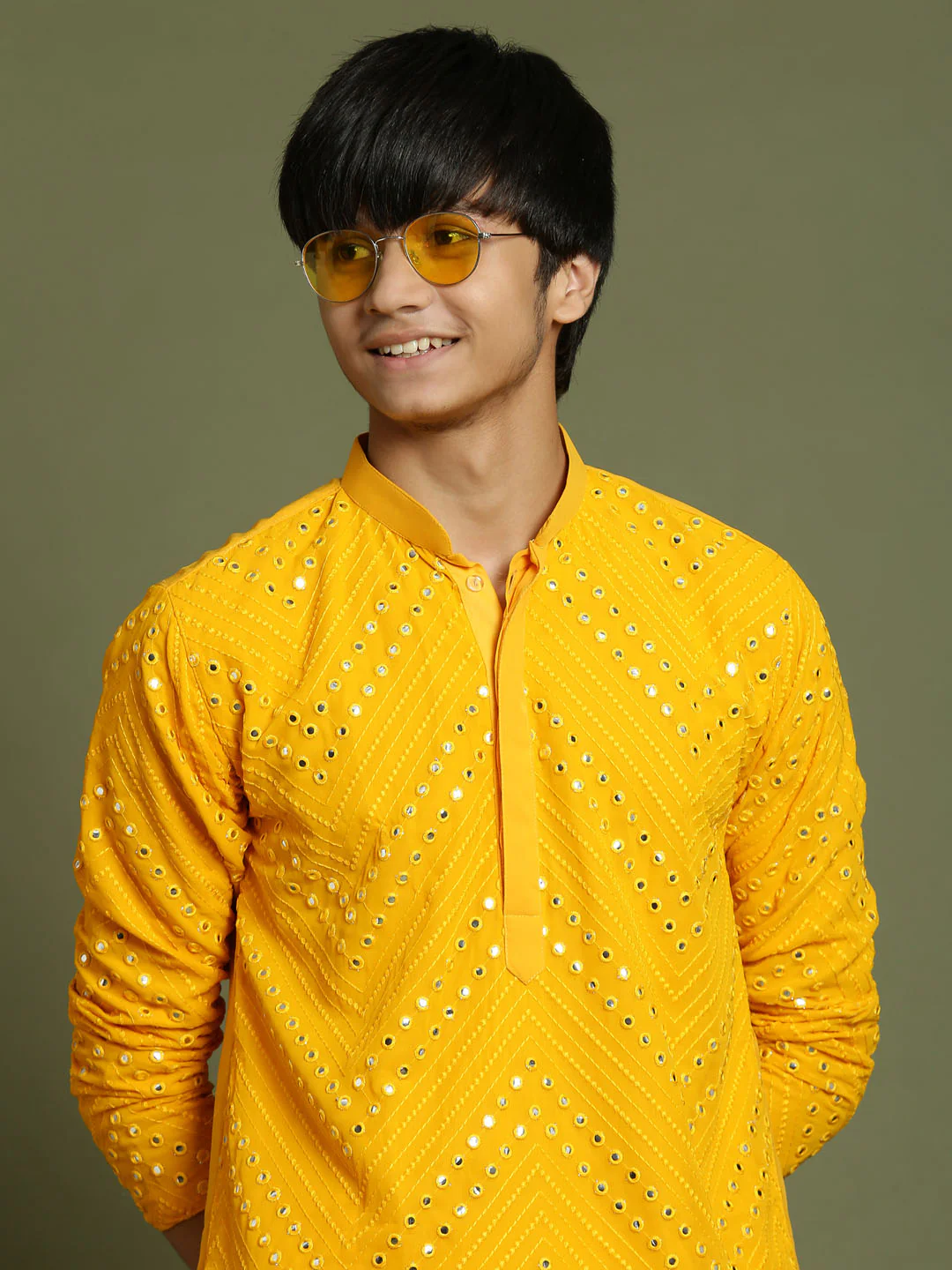 Boy's Yellow Mirror Work Georgette Kurta And Pyjama Set - Image 4