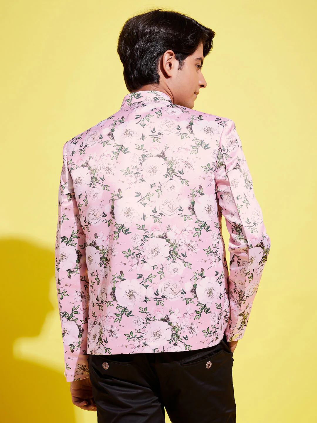 Boy's Floral Printed Pink Bandhgala Prince Coat Jodhpuri - Image 4