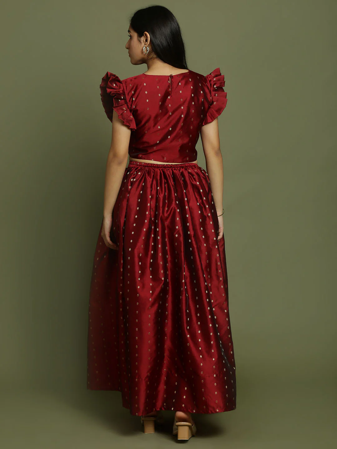 Girl's Maroon Woven Design Booti Crop Top And Long Skirt Set - Image 3