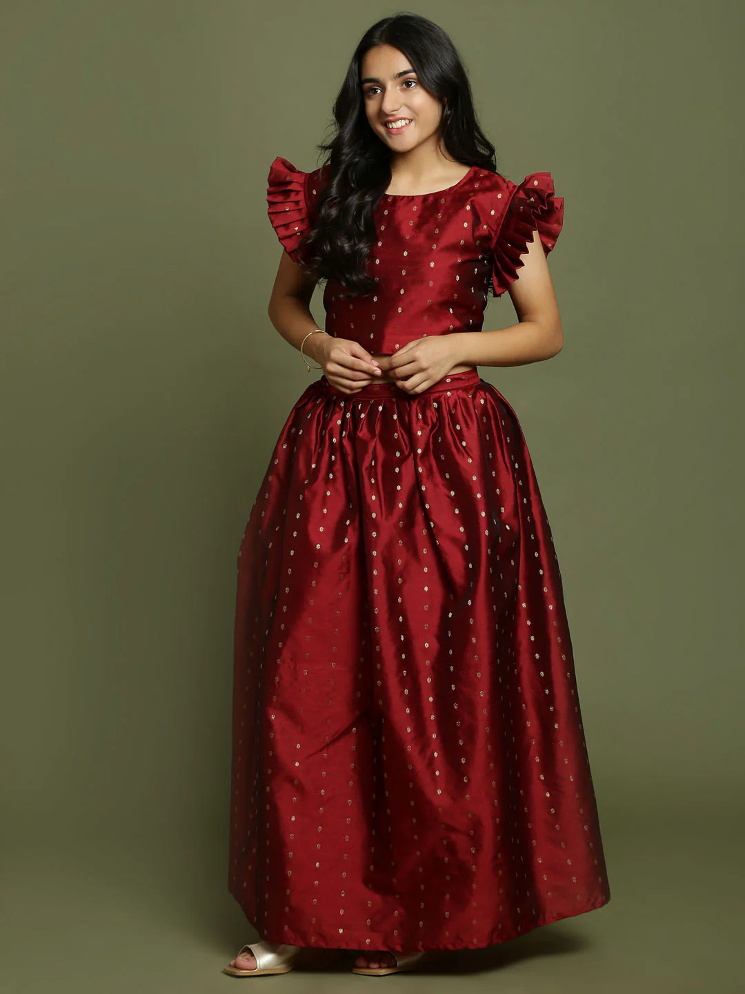 Girl's Maroon Woven Design Booti Crop Top And Long Skirt Set - Image 7